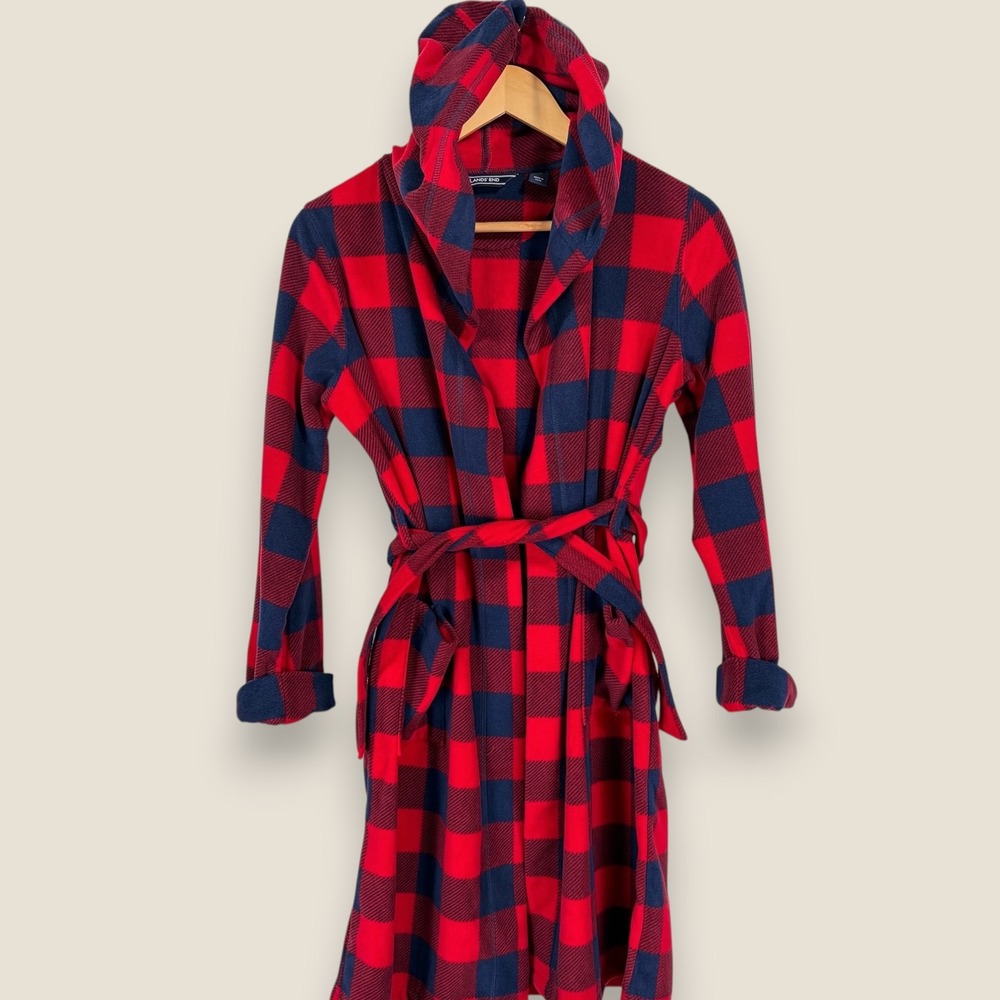 Lands End Robe Kids Size 12 Red Blue Buffalo Plaid Fleece Hooded Pajamas Cozy